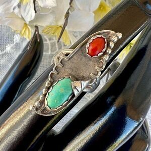 Vintage 60's/70’s Natural Turquoise & Coral Solid Sterling Ring